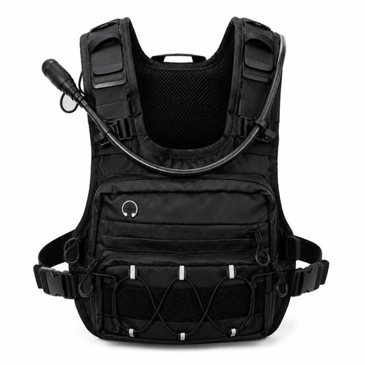 Gliho Hybrid Chest Rig in black, front view with hydration hose and zip pockets