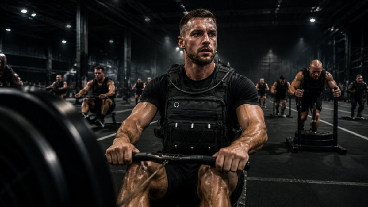 Athlete on a rower at a Hyrox-style race wearing the Gliho Hybrid Chest Rig