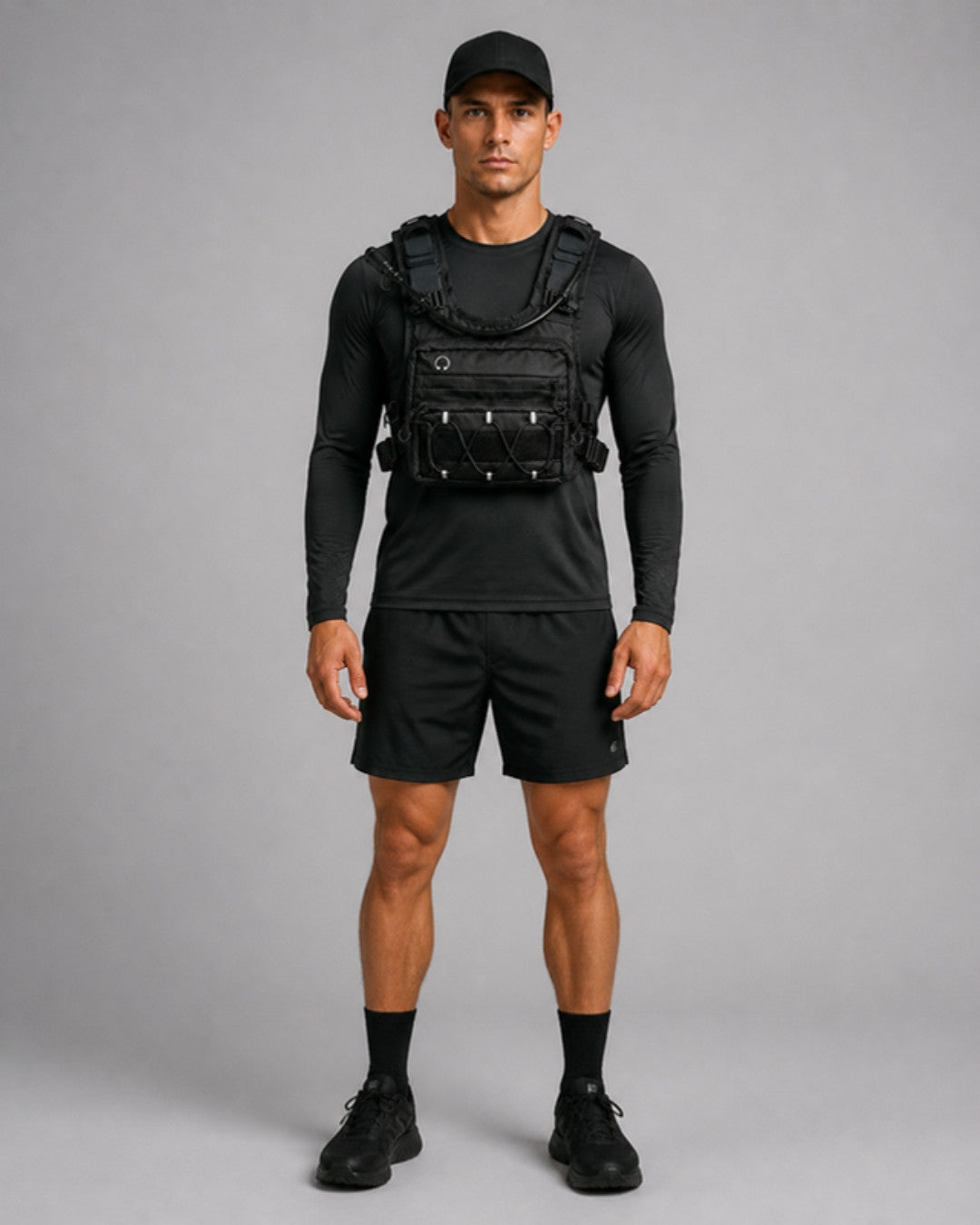 Full-body black training outfit with the Gliho Hybrid Chest Rig