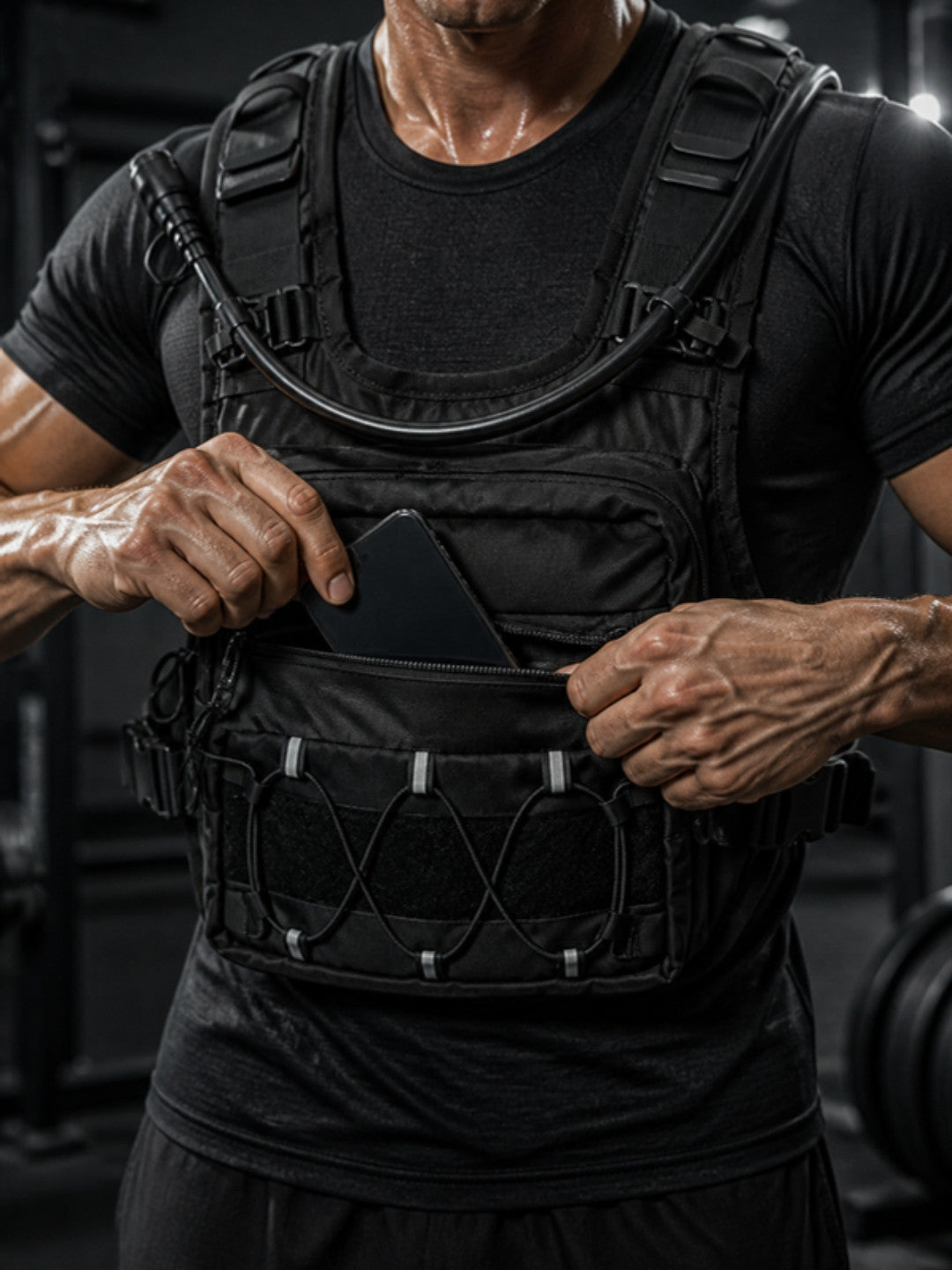 Athlete taking a phone out of the Gliho chest rig front pocket